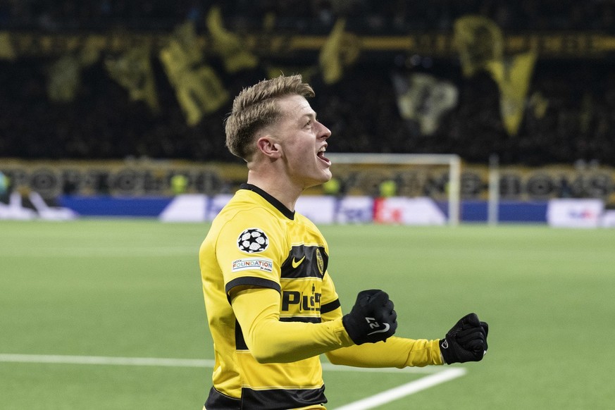 YB&#039;s Lewin Blum celebrates his scores to 2-0 during the Champions League group G soccer match between Switzerland&#039;s BSC Young Boys and Serbia&#039;s FK Red Star Belgrade, at the Wankdorf sta ...