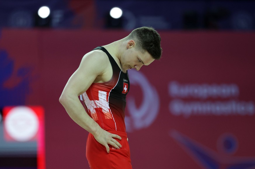 epa10573753 Noe Seifert of Switzerland reacts after competing on the Floor during the Men's Floor finals of the Artistic Gymnastics European Championships in Antalya, Turkey, 15 April 2023. EPA/E ...