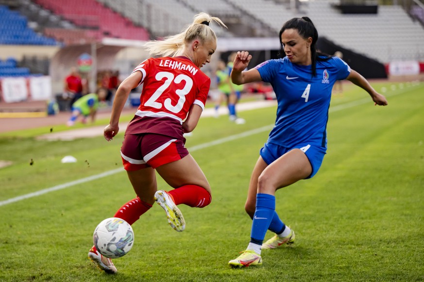 Switzerland&#039;s forward Alisha Lehmann, left, fights for the ball with Azerbaijan&#039;s defender Nigar Mirzaliyeva, right, during the UEFA Women&#039;s European Qualifiers League B Group B1 soccer ...