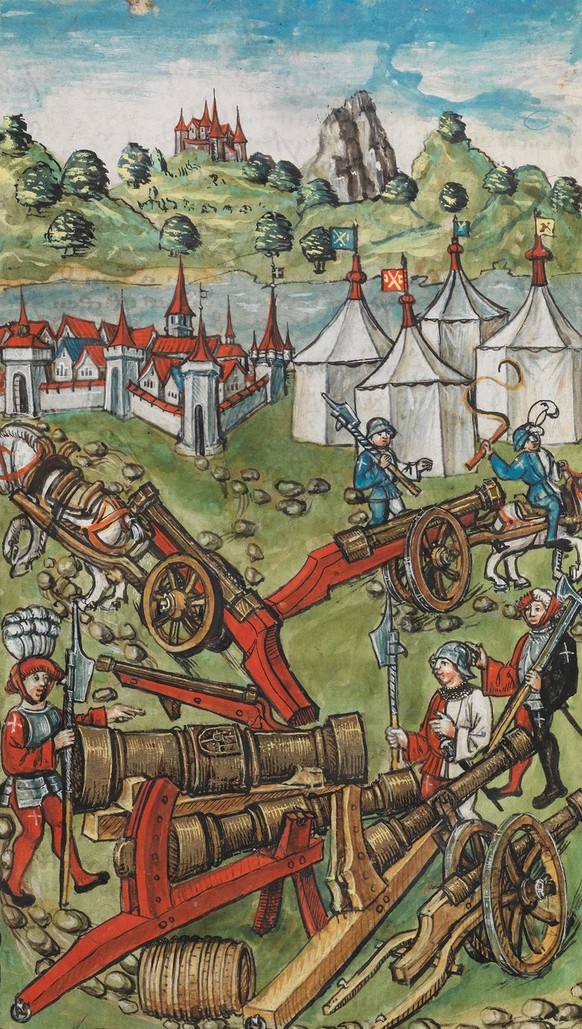 Après leur victoire, les Confédérés partagent les canons qu’ils ont récupéré. Illustration de la chronique de la Confédération du Lucernois Diebold Schilling, vers 1513.
https://www.e-codices.unifr.ch ...