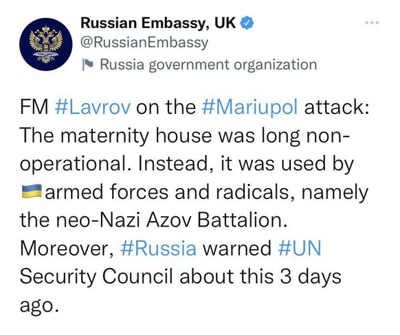 «Le ministre des Affaires étrangères Lavrov sur l'attaque à Marioupol: l'hôpital pour enfants n'était plus opérationnel. Il était par contre utilisé par les forces armées ukrainiennes et des radicaux, notamment le bataillon néonazi Azov.»