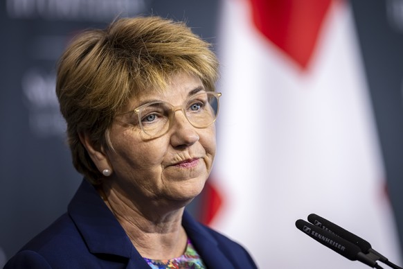 epa11415524 Swiss Federal President Viola Amherd speaks during the Swiss closing press conference at the Summit on Peace in Ukraine in Stansstad near Lucerne, Switzerland, 16 June 2024. International  ...