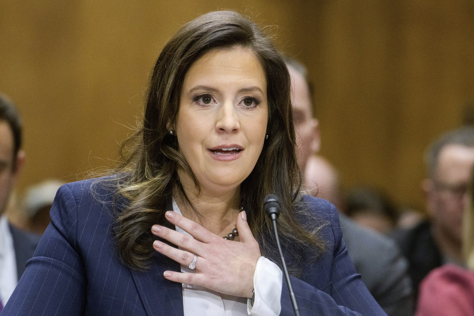 FILE - Rep. Elise Stefanik, R-N.Y., testifies during a Senate Committee on Foreign Relations hearing on her pending confirmation to be the United Nations Ambassador, on Capitol Hill, Jan. 21, 2025, in ...