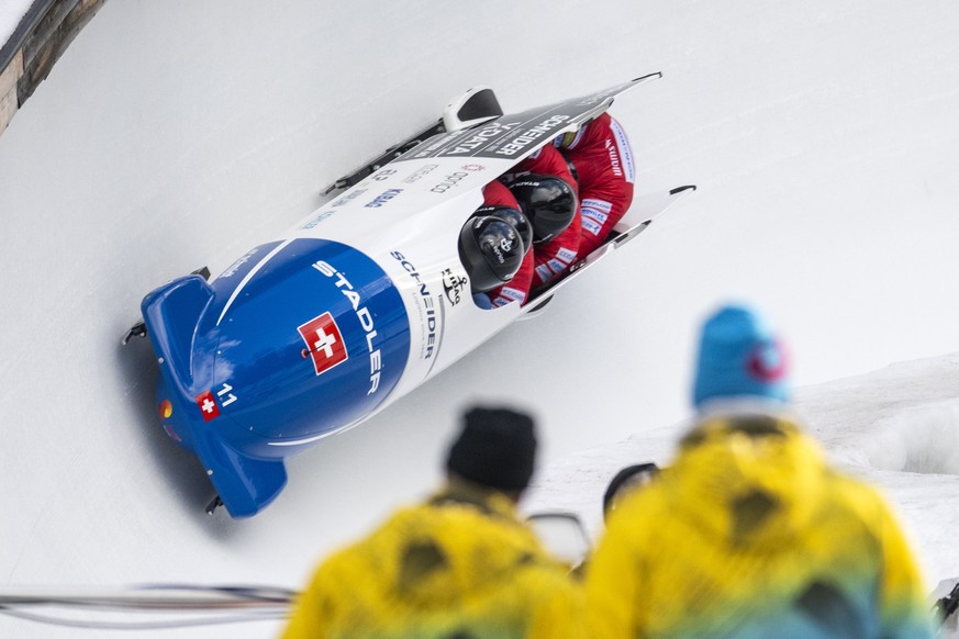 epa11851513 Michael Vogt and Team of Switzerland in action during the Men?s 4-Bob World Championships in St. Moritz, Switzerland, on Saturday, January 25, 2025. (KEYSTONE/Mayk Wendt) EPA/MAYK WENDT