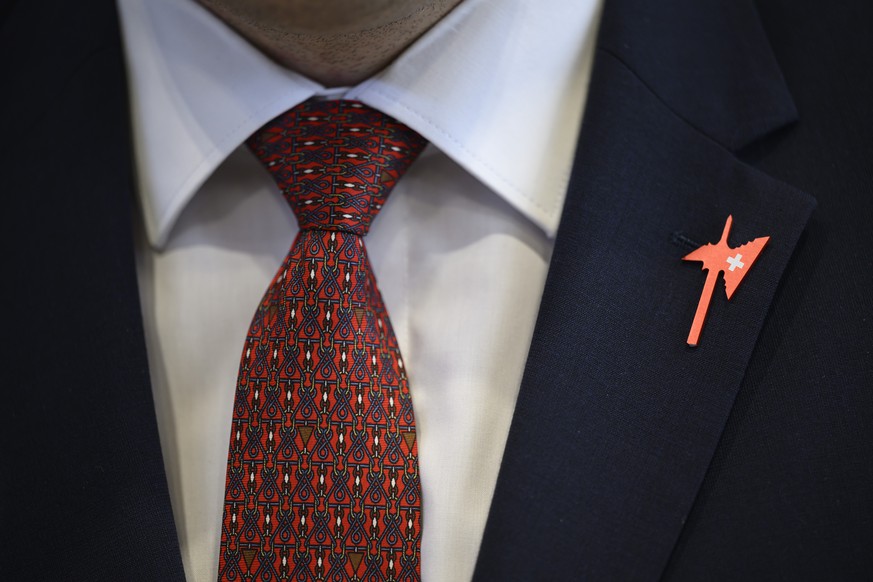 Ein Hellebarden Pin waehrend der Delegiertenversammlung der Schweizerischen Volkspartei SVP, fotografiert am Samstag, 25. Oktober 2025 in Wimmis. (KEYSTONE/Christian Beutler)