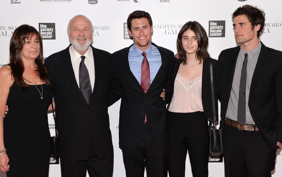 FILE - Honoree Rob Reiner, second left, poses with his wife Michele, left, and children Nick, center, Romy, and Jake at the 41st Annual Chaplin Award Gala at Avery Fisher Hall, April 28, 2014, in New  ...