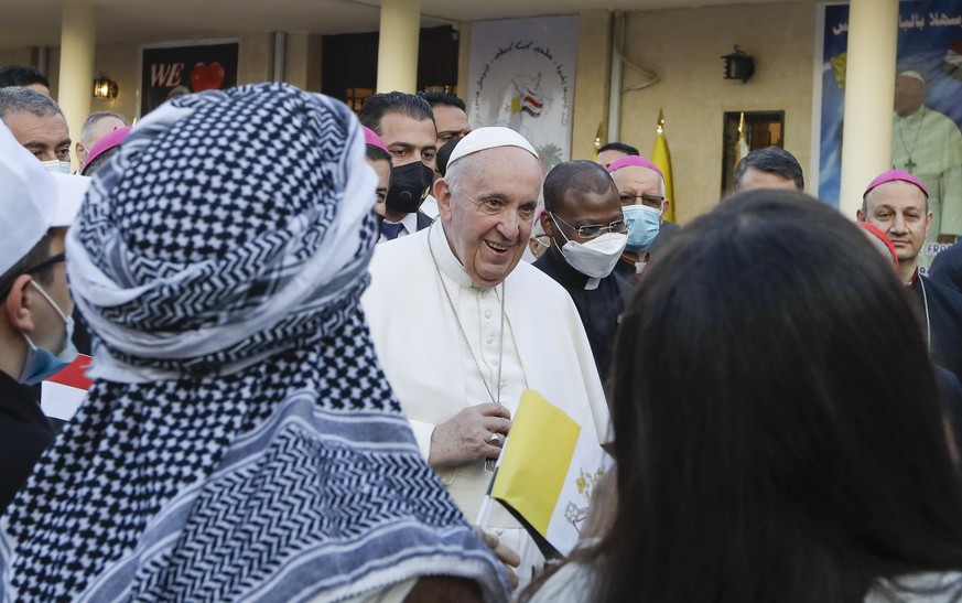 Pope Francis at the Chaldean Cathedral of Saint Joseph, in Baghdad, Iraq, Saturday, March 6, 2021. Earlier today Francis met privately with the country&#039;s revered Shiite leader, Grand Ayatollah Al ...