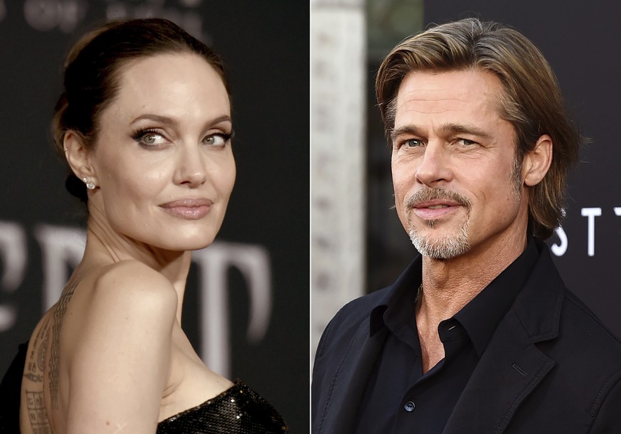 This combination photo shows Angelina Jolie at a premiere in Los Angeles on Sept. 30, 2019, left, and Brad Pitt at a special screening on Sept. 18, 2019. Jolie criticized a judge deciding on custody a ...