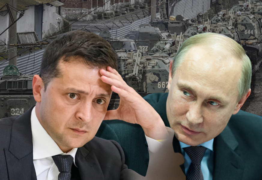 Volodymyr Zelensky (gauche) appelle les ressortissants à quitter la Russie pendant que Vladimir Poutine (droite) insiste toujours plus sur ses exigences à Kiev.