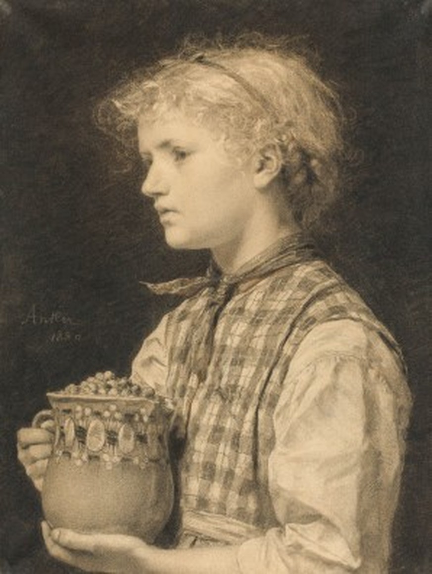 Dessin d'un jeune paysanne tenant dans ses mains un pot fraises