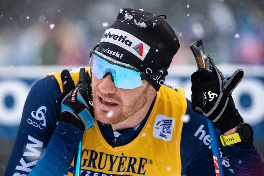 Dario Cologna of Switzerland reacts in the finish area after the men&#039;s 15 km classic race at the FIS Tour de Ski in Lenzerheide, Switzerland, on Wednesday, 29 December 2021. (KEYSTONE/Peter Schne ...