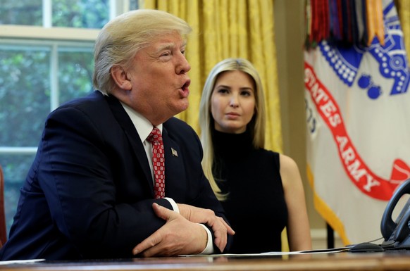 U.S. President Donald Trump and his daughter Ivanka hold a video conference call with Commander Peggy Whitson and Flight Engineer Jack Fischer of NASA on the International Space Station from the Oval  ...