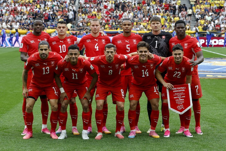 Team Switzerland, first row L-R: Switzerland's Ricardo Rodriguez, Switzerland's Dan Ndoye, Switzerland's Remo Freuler, Switzerland's Ardon Jashari, Switzerland's Fabian Rieder ...
