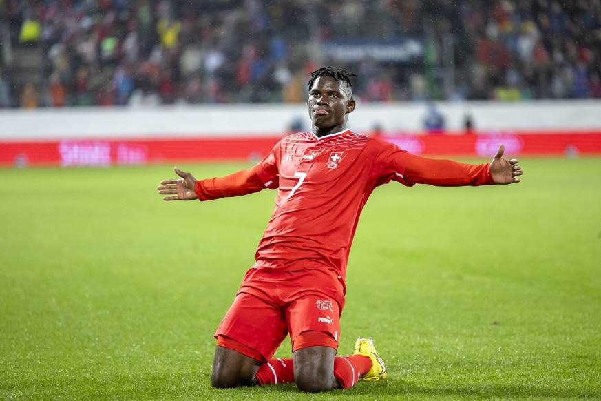 Switzerland&#039;s Breel Embolo celebrates after scoring the second goal for Switzerland during the UEFA Nations League group A2 soccer match between Switzerland and Czech Republic, on Tuesday, Septem ...