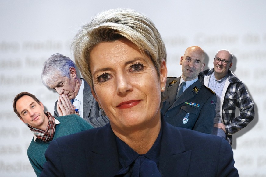 Derrière Karin Keller-Sutter, ministre des Finances et de gauche à droite: Melchior Lengsfeld, président d&#039;Alliance Sud; Martin Vetterli, président de l&#039;EPFL; Thomas Süssli, chef de l&#039;A ...