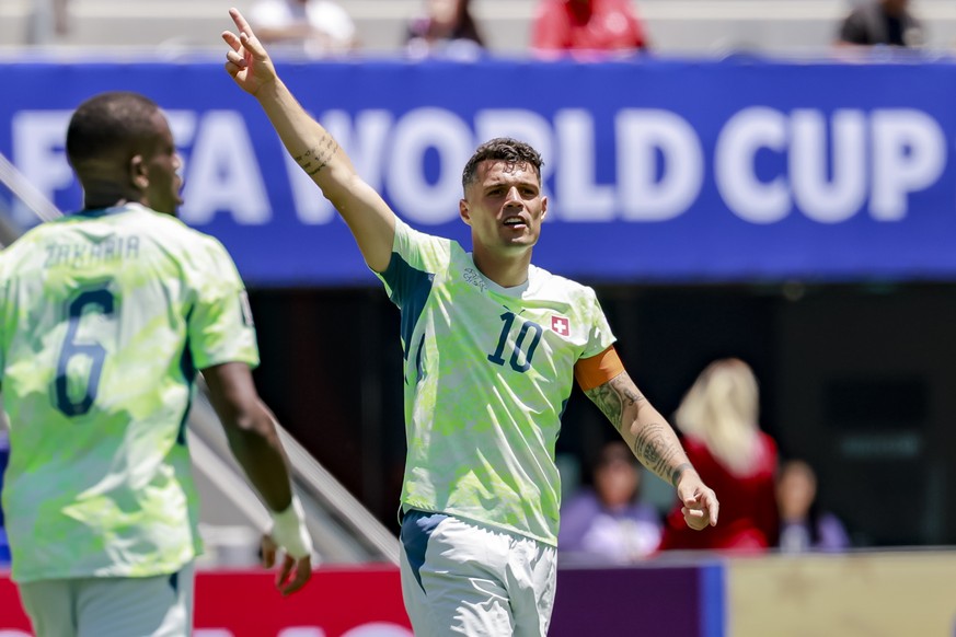 epa13035274 Switzerland's Granit Xhaka reacts during the FIFA World Cup 2026 group stage match Qatar against Switzerland, in San Francisco, USA, 13 June 2026. EPA/PETER KLAUNZER EDITORIAL USE ONL ...