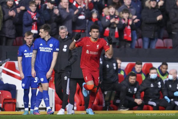 Liverpool&#039;s Luis Diaz gestures as he comes on during the FA Cup fourth round soccer match between Liverpool and Cardiff City at Anfield stadium in Liverpool, England, Sunday, Feb. 6, 2022. (AP Ph ...