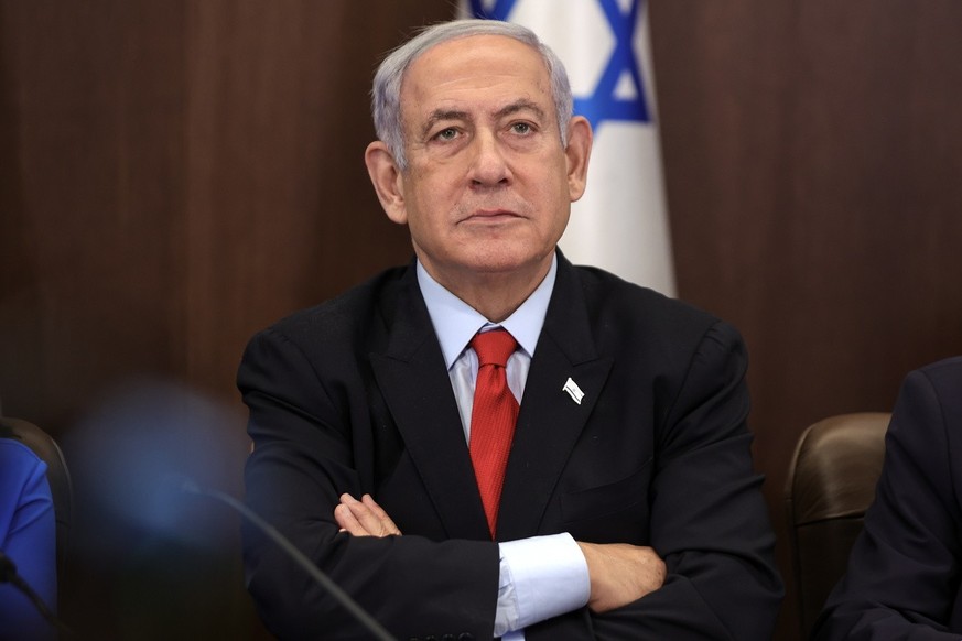 epa10776684 Israeli Prime Minister Benjamin Netanyahu attends the weekly cabinet meeting at the prime minister&#039;s office in Jerusalem, 30 July 2023. EPA/ABIR SULTAN / POOL