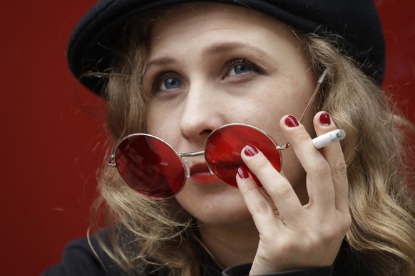 Masha Alekhina of Pussy Riot poses for a portrait, Friday, Oct. 13, 2017, at La Mama Theater in New York. (AP Photo/Mark Lennihan)