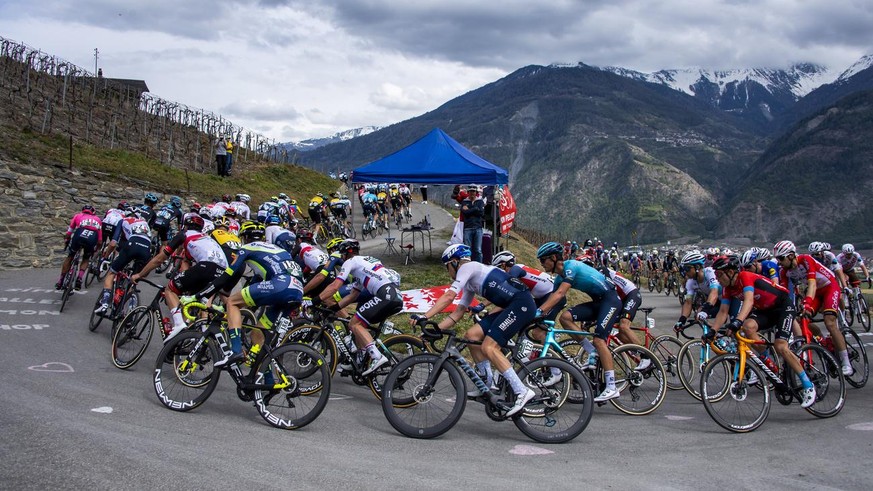 The pack rides during the first stage, a 168 km race between Aigle and Martigny at the 74th Tour de Romandie UCI ProTour cycling race near Leytron, Switzerland, Wednesday, April 28, 2021. (KEYSTONE/Je ...