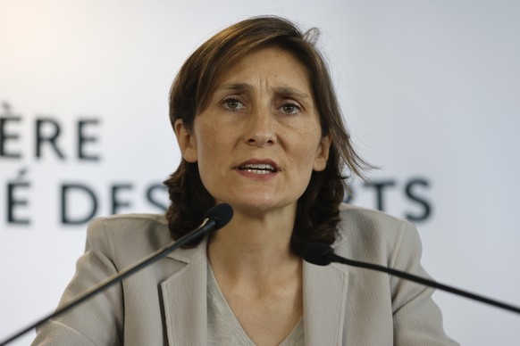 Sports Minister Amélie Oudéa-Castéra attends a press conference following a meeting on security after incidents during the Champions League final at the Stade France stadium, Monday, May 30, 2022 in P ...