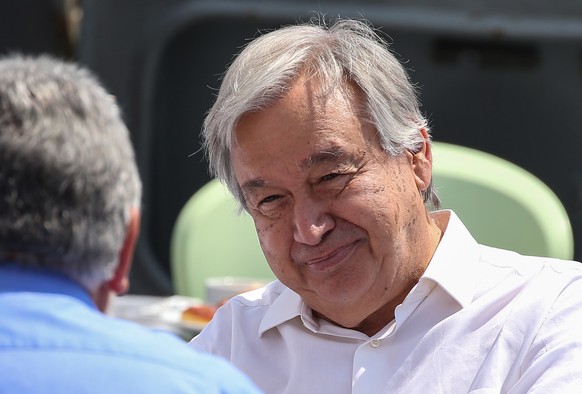 epa10130258 UN Secretary-General Antonio Guterres arrives at the Zeyport to inspect a grain shipment before his Joint Coordination Center (JCC) in Istanbul, Turkey, 20 August 2022. A safe passage deal ...