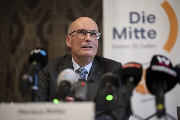 Nationalrat Markus Ritter spricht an einer Medienorientierung der Mitte des Kantons St. Gallen zu seiner Kandidatur fuer den Buendesrat, am Dienstag, 28. Januar 2025, in St. Gallen. (KEYSTONE/Gian Ehr ...