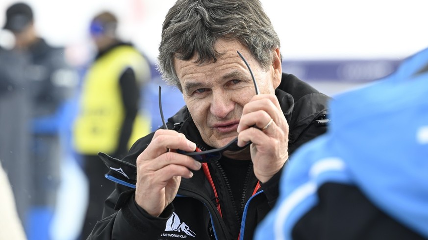 Franz Julen, president of the organizing committee, reacts after the women&#039;s downhill race on the new ski course &quot;Gran Becca&quot; was cancelled due to strong winds, at the Alpine Skiing FIS ...