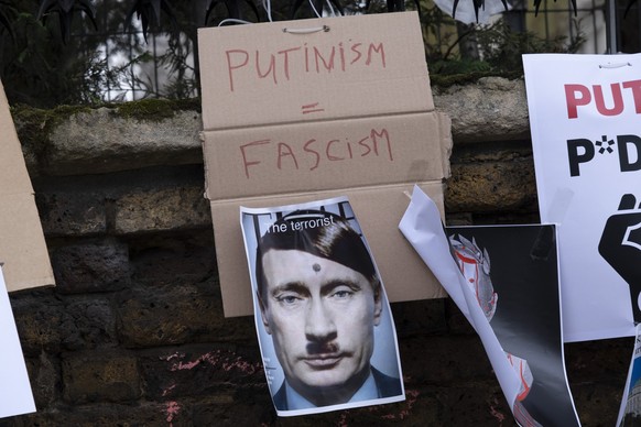 Image of Vladimir Putin depicted as the fascist leader Adolf Hitler character at the protest outside the Russian embassy against the Russian invasion of Ukraine and the ongoing war on 28th February 20 ...