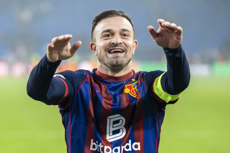 epa12426294 FC Basel&#039;s Xherdan Shaqiri celebrates after winning the UEFA Europa League league phase soccer match between FC Basel and VfB Stuttgart in Basel, Switzerland, 02 October 2025. EPA/AND ...