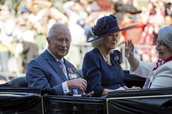 King Charles, Queen Camilla and Gov. Gen. Mary Simon travel in Canada&#039;s State Landau towards the Senate of Canada building in Ottawa, Canada, on Tuesday, May 27, 2025. (Spencer Colby/The Canadian ...
