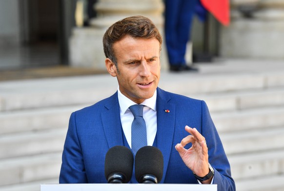 epa10145151 French President Emmanuel Macron speaks during a joint press conference with Polish Prime Minister prior to their meeting at the Elysee Palace in Paris, France, 29 August 2022. EPA/RADEK P ...