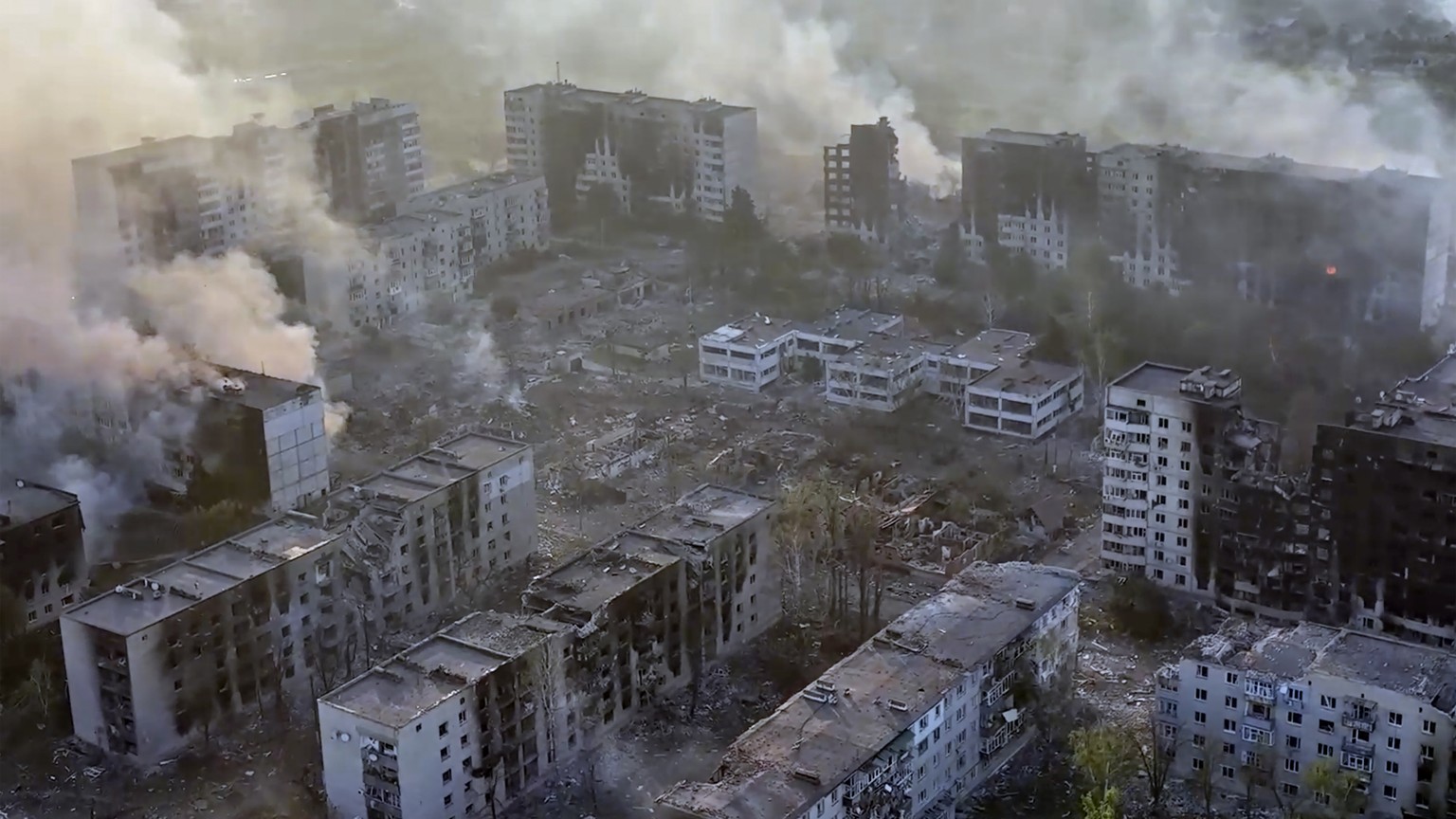 This image taken from a video released by the Ukrainian Tsunami Assault Regiment, Liut Brigade, shows the northeastern frontline town of Vovchansk, Ukraine, during heavy bombardment by Russian forces  ...