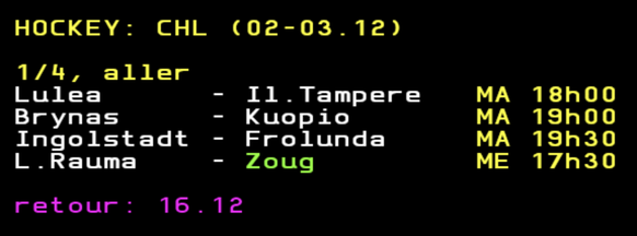 Zoug est le dernier club suisse encore en lice en Champions League cette saison. Il affrontera l'équipe finlandaise du Rauman Lukko en quart de finale.