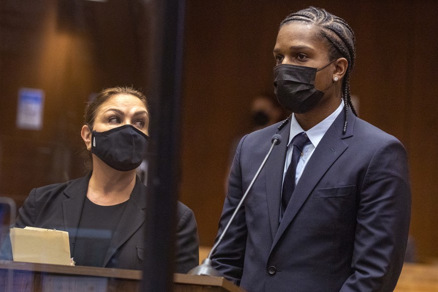 Rapper A$AP Rocky, right, appears in a Los Angeles Superior courtroom on Wednesday, Aug. 17, 2022, and pleaded not guilty to assault charges stemming from a November 2021 run-in with a former friend i ...
