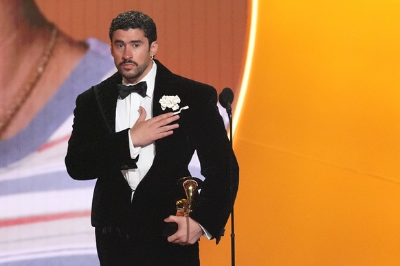Bad Bunny accepts the award for album of the year for "DebÌ Tirar M·s Fotos" during the 68th annual Grammy Awards on Sunday, Feb. 1, 2026, in Los Angeles. (AP Photo/Chris Pizzello)
Bad Bunny