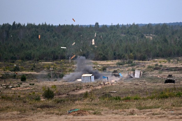 An explosion is seen during the &quot;Zapad-2025&quot; (West-2025) joint Russian-Belarusian military drills at a training ground near the town of Borisov, east of the capital Minsk, on September 15, 2 ...