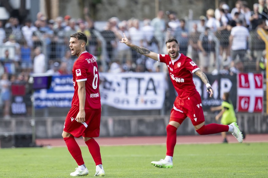 Leonardo Bertone (FCT), left, and Genis Montolio (FCT), right, celebrate the 1-2 goal during the Super League soccer match between FC Lugano and FC Thun at the Cornaredo Stadium in Lugano, Sunday, Jul ...