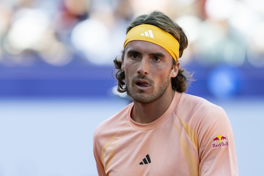 Stefanos Tsitsipas of Greece reacts to Hamad Medjedovic of Serbia at the Swiss Open tennis tournament in Gstaad, Switzerland, on Wednesday, July 17, 2024. (KEYSTONE/Peter Schneider)