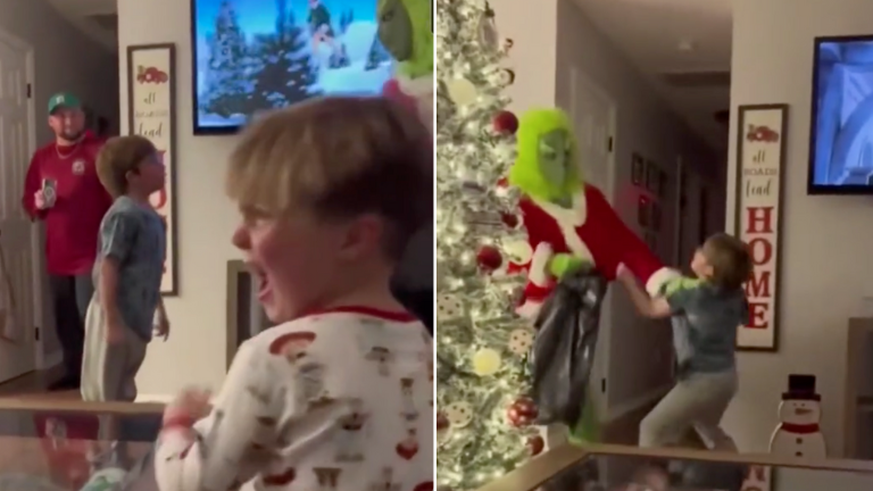 Ces parents font peur à leurs enfants en se déguisant en Grinch pour Noël.