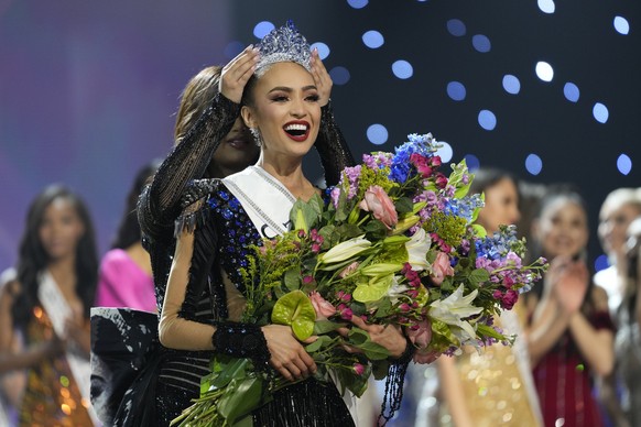 Miss USA R&#039;Bonney Gabriel reacts as she is crowned Miss Universe during the final round of the 71st Miss Universe Beauty Pageant, in New Orleans on Saturday, Jan. 14, 2023. (AP Photo/Gerald Herbe ...