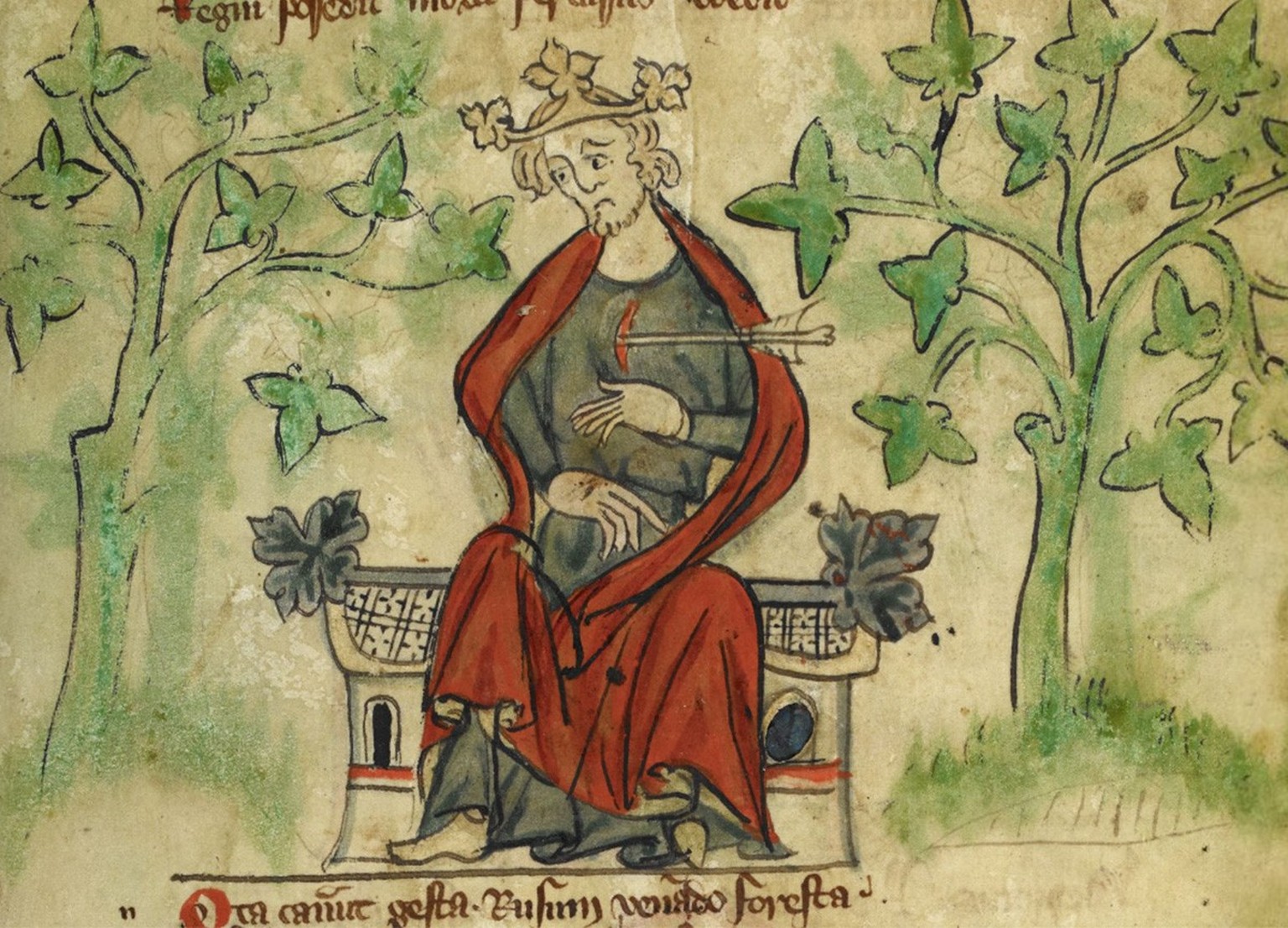 Guillaume II est touché mortellement par une flèche tirée d’une arbalète.
https://www.bl.uk/manuscripts/Viewer.aspx?ref=royal_ms_20_a_ii_fs001r