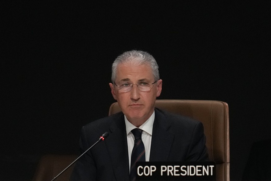 Mukhtar Babayev, COP29 President, speaks during a closing plenary session at the COP29 U.N. Climate Summit, Sunday, Nov. 24, 2024, in Baku, Azerbaijan. (AP Photo/Rafiq Maqbool)