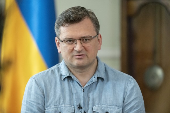 Ukrainian Foreign Minister Dmytro Kuleba speaks during his interview to The Associated Press in Kyiv, Ukraine, Tuesday, July 12, 2022. Ukraine&#039;s foreign minister says grain exports from his count ...