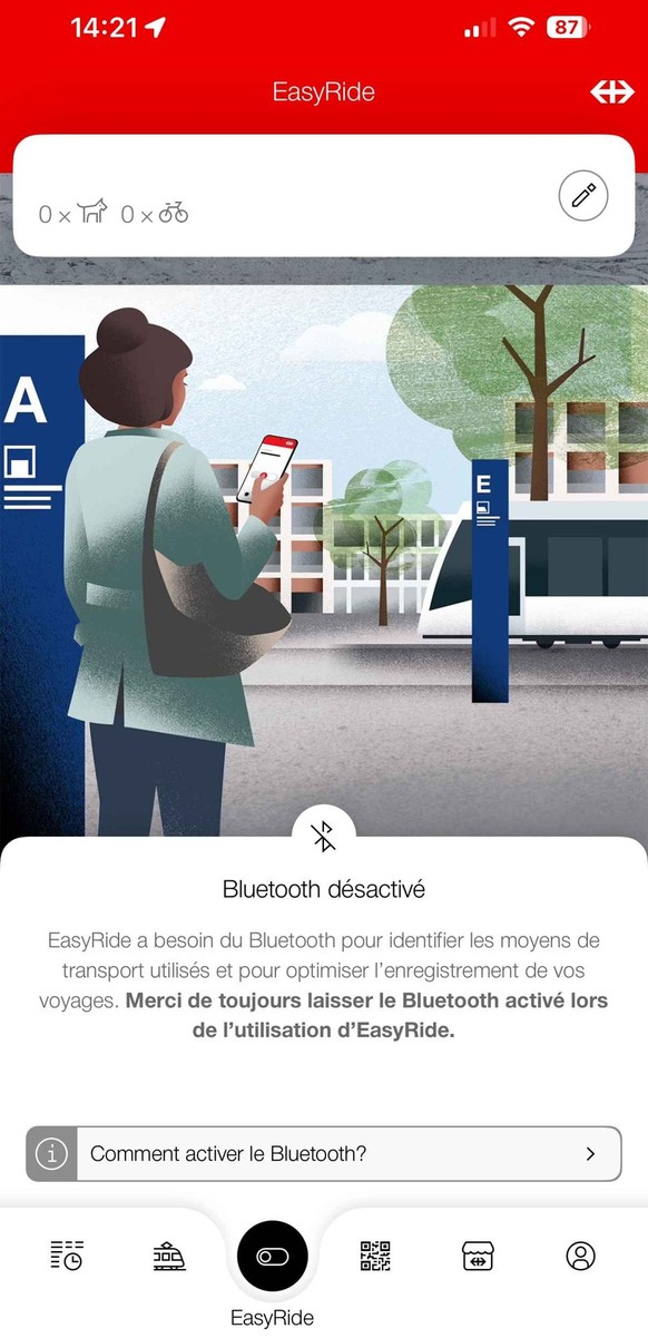 Les personnes qui ont désactivé le Bluetooth ou qui n'autorisent pas l'accès à l'application CFF ne peuvent plus utiliser la fonction Easyride.