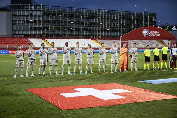 Team Switzerland sings the national anthem prior the UEFA Euro 2024 qualifying group I soccer match between Belarus and Switzerland behind closed doors at Karadjordje stadium in Novi Sad, Serbia, Satu ...