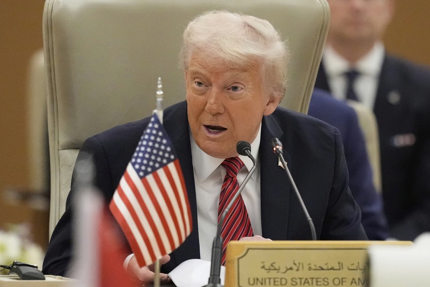 President Donald Trump speaks during the Gulf Cooperation Council (GCC) Summit in Riyadh, Saudi Arabia, Wednesday, May 14, 2025. (AP Photo/Alex Brandon)
Trump Mideast