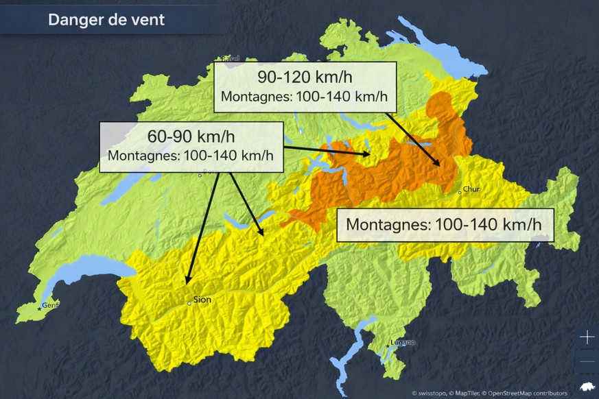 MétéoSuisse place les Alpes en vigilance jaune «Danger limité», et la Suisse centrale, de même qu'une partie du canton de Saint-Gall en vigilance orange «Danger marqué».