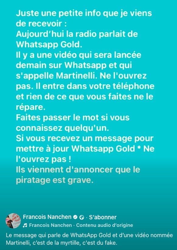 Le message qui parle de WhatsApp Gold et d’une vidéo nommée Martinelli, c’est de la myrtille, c&#039;est du fake.