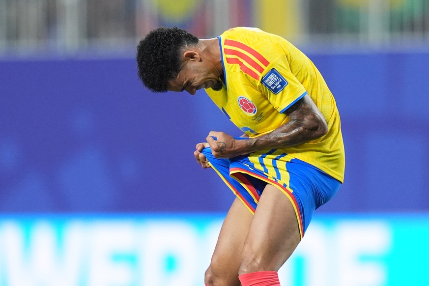 Colombia's Luis Diaz reacts during the World Cup round of 32 soccer match between Colombia and Ghana in Kansas City, Mo., Friday, July 3, 2026. (AP Photo/Jeff Roberson)
Luis Diaz